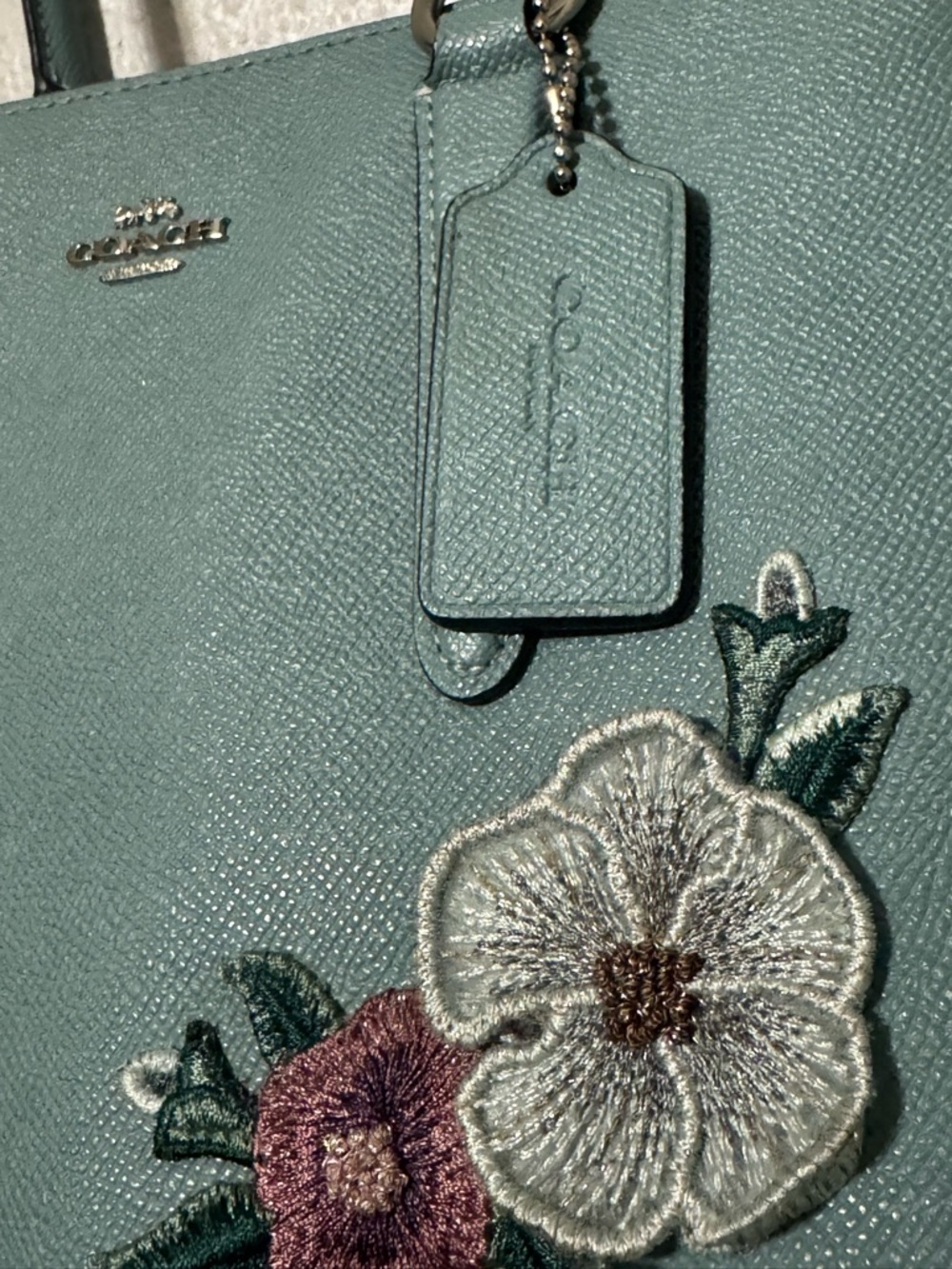 COACH Light Blue  Floral Applique Leather Satchel with Top Handles - Picture 10 of 16